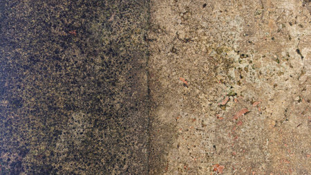 Old brick wall with green moss texture. Grunge background, weathered surface, natural decay, rustic detail, damp environment, aged stone wall, vintage exterior pattern.の写真素材