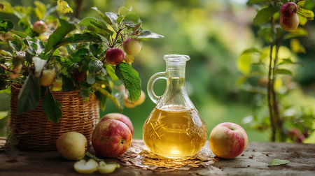 Apple cider vinegar in the garden. Selective focus. Foodの素材