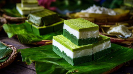 Kue Lapis or Kue Pepe, is Indonesian traditional dessert and street food made of tapioca flour and coconut milk, steamed layer by layer, flavored with pandan leaves.の素材