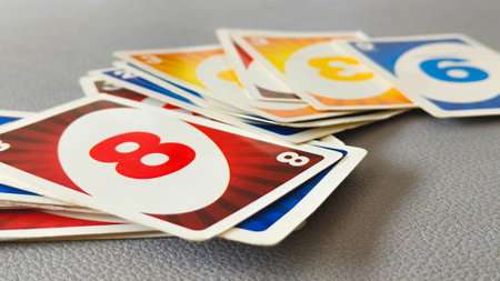 Group of Uno cards on gray texture backgroundの写真素材