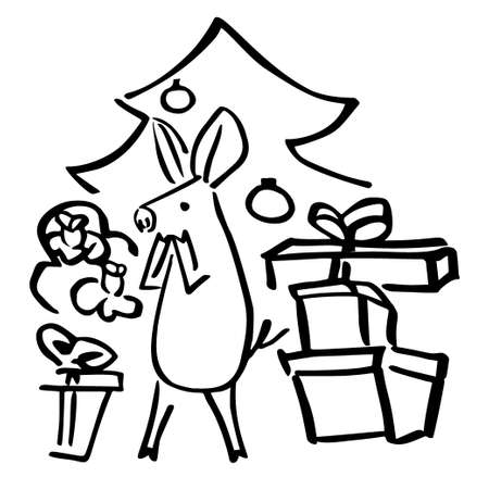 Happy New Year and Merry Christmas greeting card. Cute pig behind the Christmas tree and giftsのイラスト素材