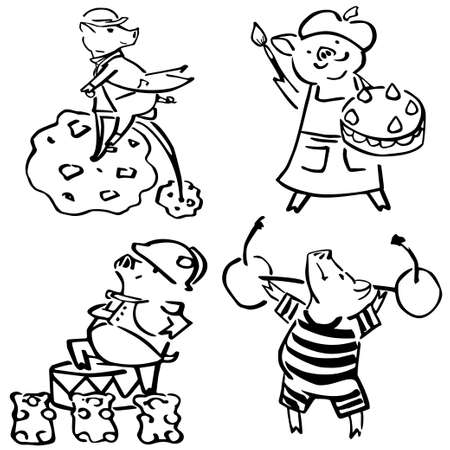 cute vector funny set costumed funny pigs. creative set piglets with sweets for menu card, greetings cards, avatars, stickers iconsのイラスト素材