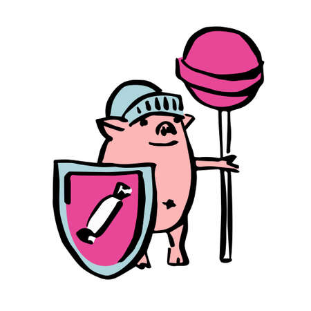 colored pig with candy and shieldのイラスト素材