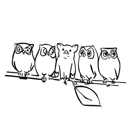 cute vector pig and owls on the branch. cartoon illustration for greetings carts, websites and comicsのイラスト素材