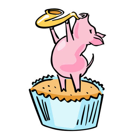 anthropomorphic funny blues piglet with sax and cupcakeのイラスト素材