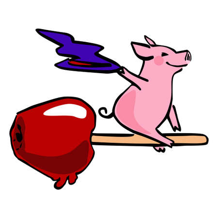 funny pig with witch hat and caramel appleのイラスト素材