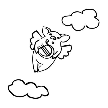 funny black and white piglet with cloudlet and harpのイラスト素材