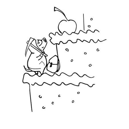 funny costumed pig mountaineer with ice-axe and bagのイラスト素材