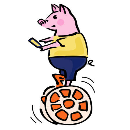 Serious vector pig balancing on caramel vehicle. Chinese holidays greeting mascot on modern transport illustration, cartoon style.のイラスト素材