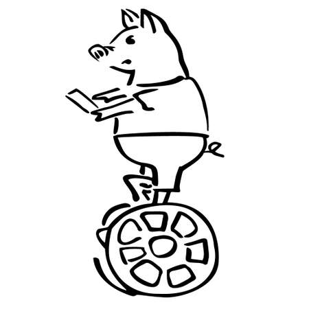 Serious vector pig balancing on caramel vehicle. Chinese holidays greeting mascot on modern transport illustration, cartoon style.のイラスト素材