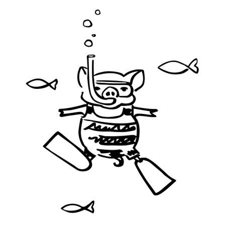 vector black and white oldfashioned swimsuit piglet iconのイラスト素材