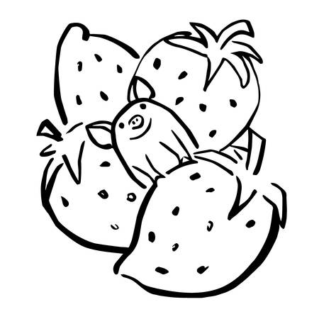 cartoon happy piggie and strawberriesのイラスト素材