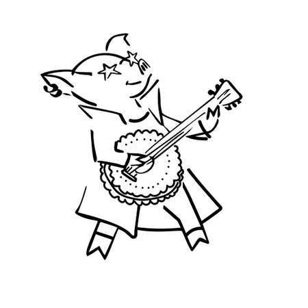 funny vector cartoon rockstar pig with guitar for avatar, logo, sticker, stampのイラスト素材
