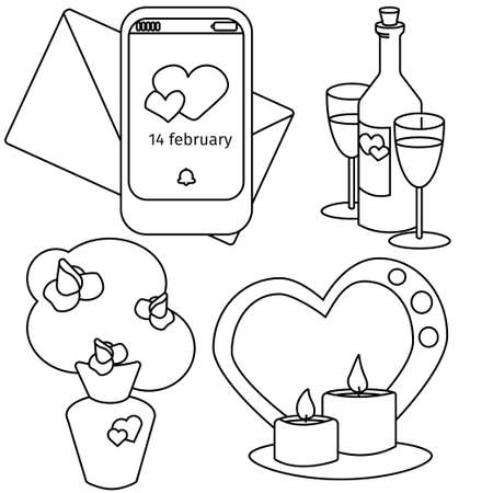 vector valentines day set bouque, vine. candles and notification. Line art for cartoon design, vector icon.のイラスト素材