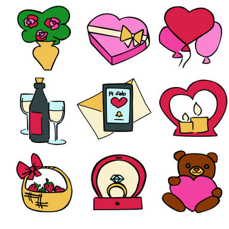 vector set of valentines day dating items. Engagement ring, champagne, letter, gift, candles, bouquet, balloons and toy bear for greetings cards, icon, stickers, logo, stamps and websitesのイラスト素材