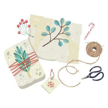 Vector illustration of wrapping christmas presents in hygge vintage style. Plants, recycled wrapping paper, scissors, leaves, branches, labels, twine rope. Pastel colors. Cute handdrawn flat style.のイラスト素材