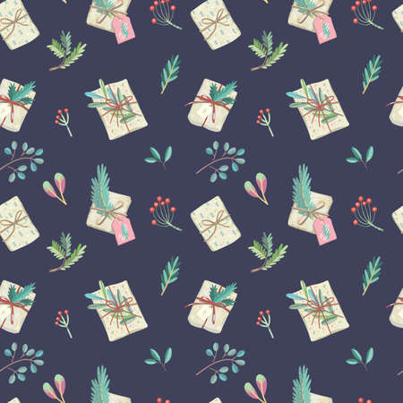Seamless vector pattern with christmas gifts, decorated with plants, ribbons and recycled wrapping paper. Hygge vintage style. For greeting cards, wrapping paper, design, prints, stickers.のイラスト素材