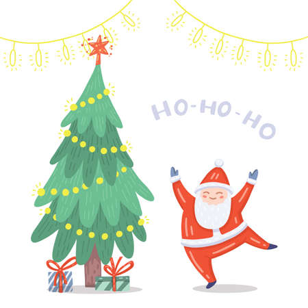 Vector illustration of dancing Santa Claus in red costume. Decorated fir-tree, gifts, garland. Cute handdrawn flat style. Christmas concept for card, banner, poster, flyer, web and any design.のイラスト素材