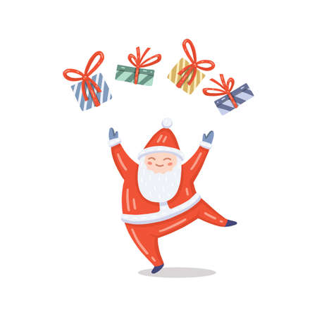 Vector illustration of dancing Santa Claus in red costume, juggling with gifts. Cute handdrawn flat style. Christmas concept for card, banner, poster, flyer, web and any design.のイラスト素材