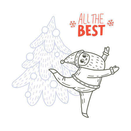 Vector illustration of dancing Santa Claus and fir-tree. Cute handdrawn doodle style. Christmas concept for card, banner, poster, flyer, web and any design. Lettering Â«All the bestÂ».のイラスト素材