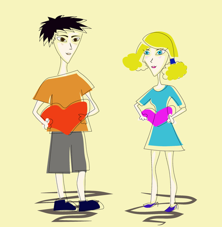 Lovers: boy and girl with hearts in their handsのイラスト素材