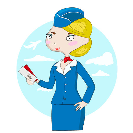 Cute cartoon stewardess at work holding airplane ticketsのイラスト素材