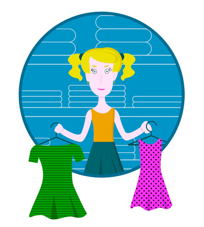 Cartoon thoughtful woman holding two neckties and trying to choose the best one at clothing store, vector illustration in the circleのイラスト素材