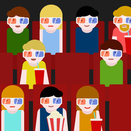 Flat People Sitting in the Cinema and Watching a Movie. Colorful Vector Illustrationのイラスト素材