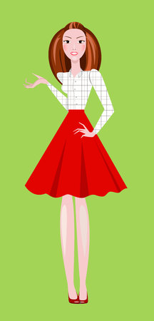 Fashion illustration of girl wearing red skirt and white squared blouseのイラスト素材