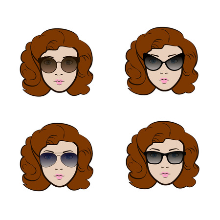 Set of different types of sunglasses presenting by cute womanのイラスト素材