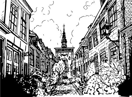 Hand drawn black and white illustration of a cityのイラスト素材
