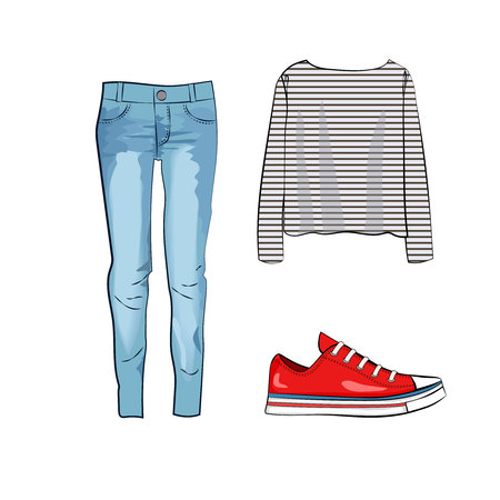 Fashion set with jeans trousers, striped shirt and red sneakersのイラスト素材