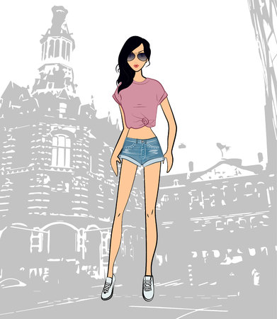 Fashionable cute brunette girl in a purple top and shorts in the city, vector illustrationのイラスト素材