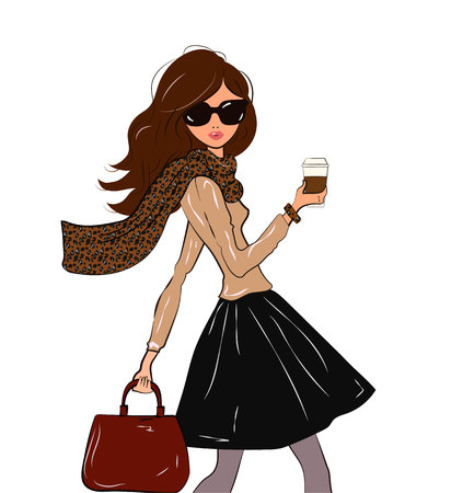 Fashionable cute girl in cravat with leopard print and black midi skirt with a coffee in her hand walking down the street, vector illustrationのイラスト素材