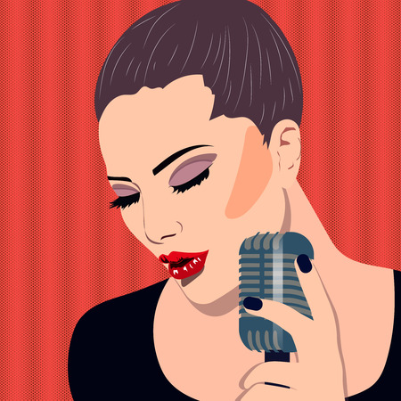 Female karaoke singer with microphone in the hand, vector art bannerのイラスト素材