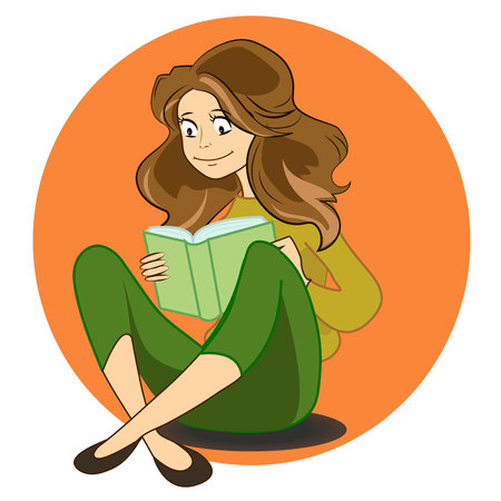 illustration of cartoon cute girl reading book in libraryのイラスト素材