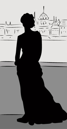 Silhouette of legant woman wearing dress standing back on a bridge and looking at the city panorama, vector illustration in sketch styleのイラスト素材