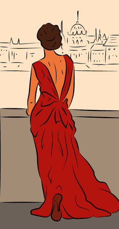 Elegant woman wearing red dress standing back on a bridge and looking at the city panorama, vector illustration in sketch styleのイラスト素材