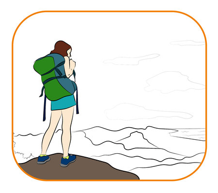 Young woman walking alone on a mountain trail. Girl looks at a horizon. Adventure travel. Summer vacationのイラスト素材