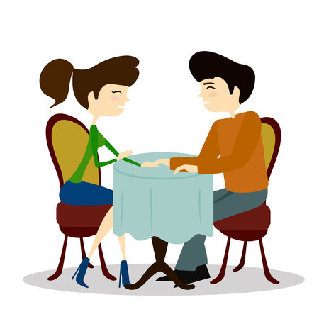 Illustration of a Man and Woman Asking Each Other Questions at a Speed Dating Event sitting by the table in a cafeのイラスト素材