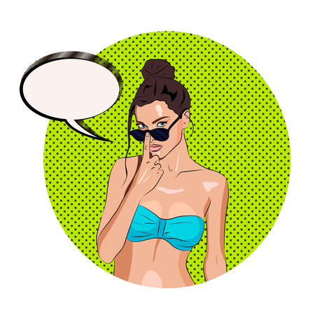 Portrait of hot sexy tanned girl in sunglasses on a beach. Summer holidays, resort or other vacation stuff ads with speechbubble for your text. Vector illustrationのイラスト素材