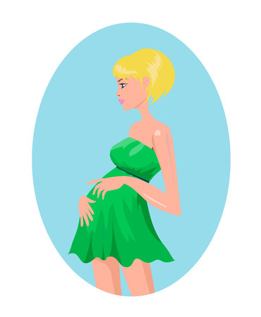 Pregnant blond woman in green dress isolated on white. Vector illustration, sign, emblem, ads, bannerのイラスト素材