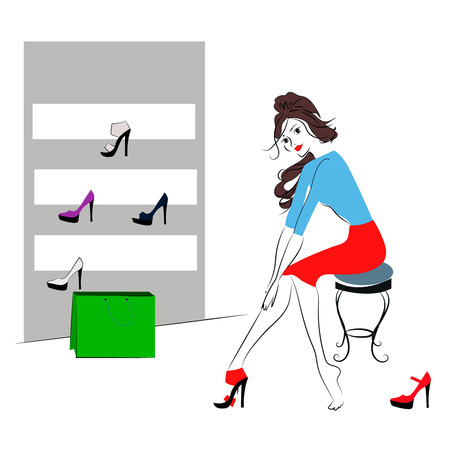 Vector Illustration of beautiful sexy girl shopping for a new pair of shoesのイラスト素材