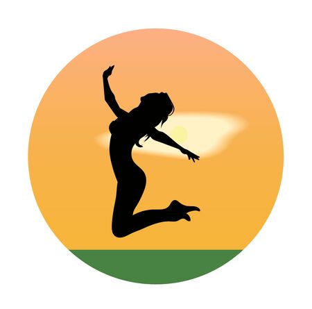 Silhouette of a young girl jumping at sunsetのイラスト素材
