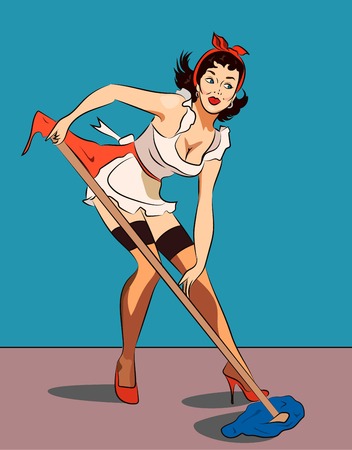 Illustration of a pretty housewife pinup style cleaning a tile floor with brush, bannerのイラスト素材