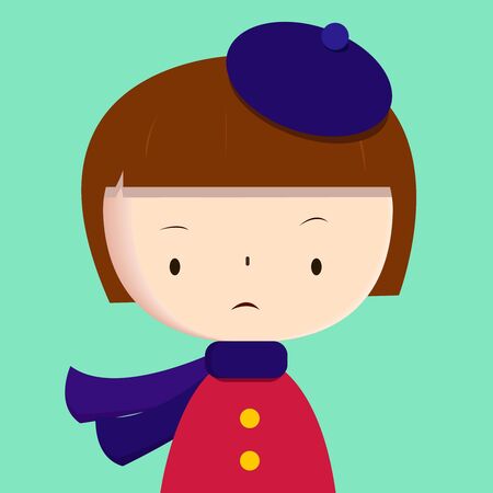 Cute girl wearing purple scarf and beret, windy and rainy autumn, spring or cold winter season, vector portrait, banner, illustrationのイラスト素材