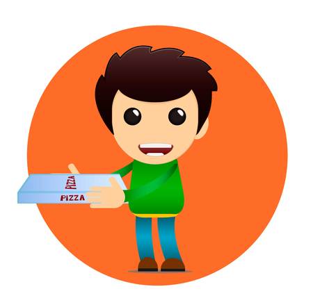 Pizza delivery vector banner, poster, ads for cafe, restaurant, fastfood. Bright cheerful boy character with a box of pizza in a flat styleのイラスト素材