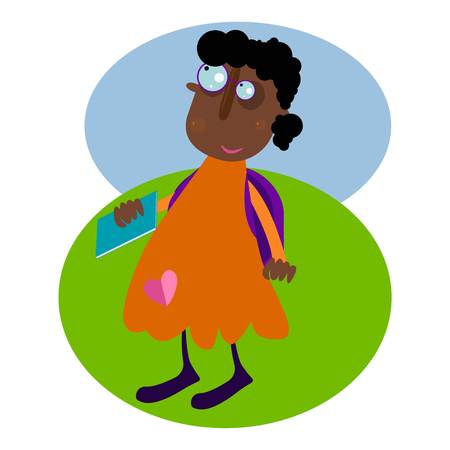 Afroamerican school girl wearing eyeglasses with a book in her hand and backpack outdoor, vector illustration, bannerのイラスト素材
