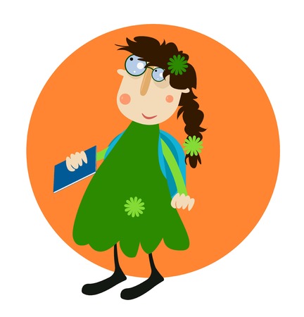 Teen girl wearing eyeglasses with a book in her hand, vector illustration, ads, banner, signのイラスト素材