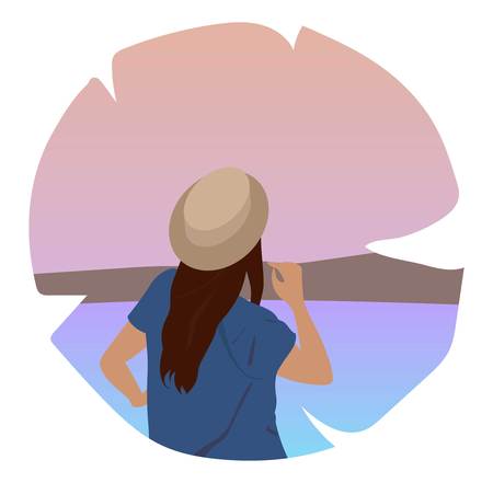 Happy Travel - with lovely young female in the mountains on a background of beautiful landscapeのイラスト素材